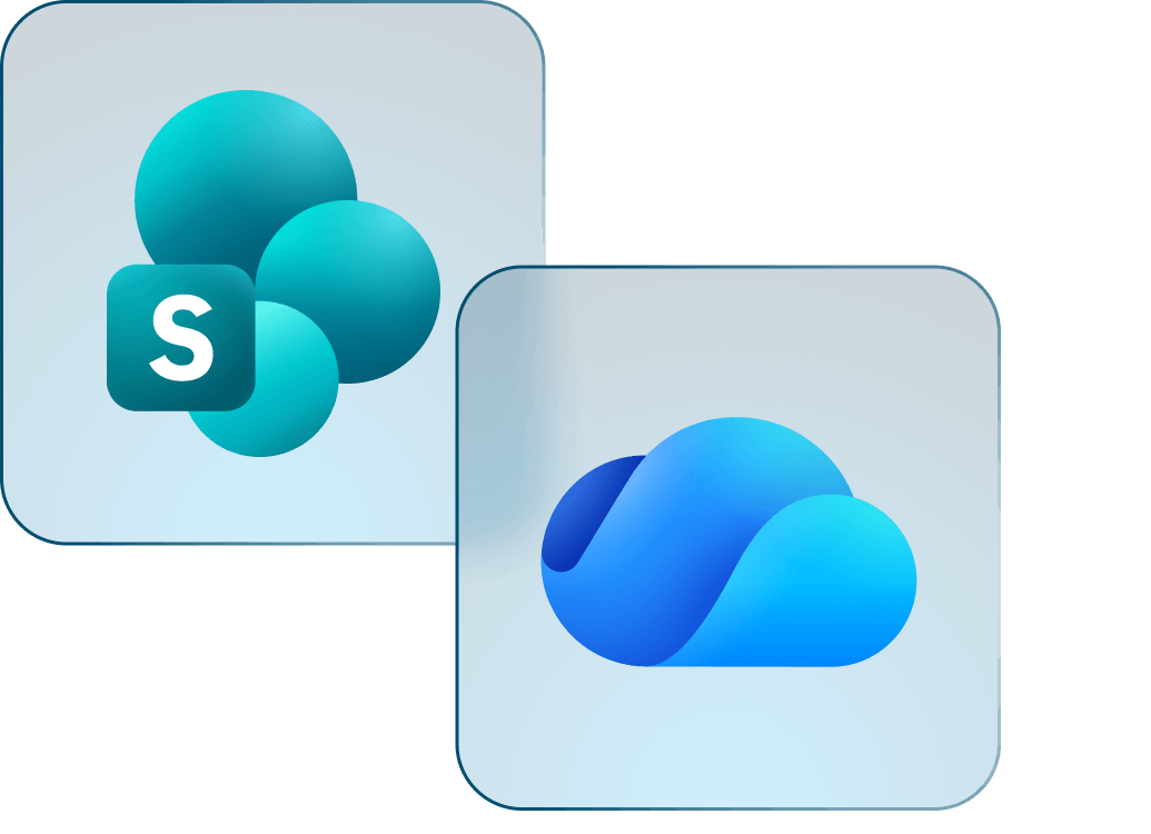 The Microsoft SharePoint and OneDrive logos on a dark blue panel