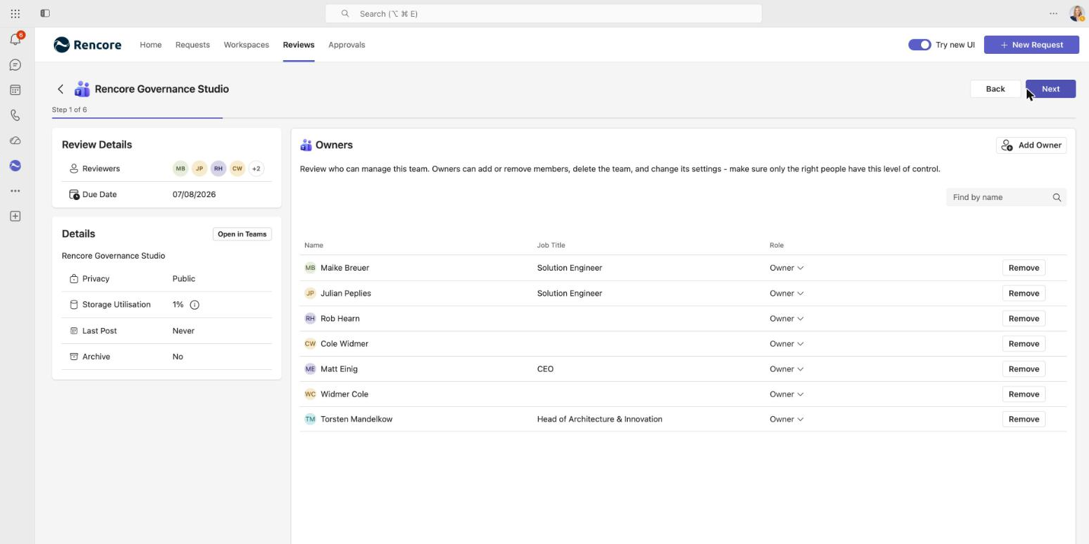 Step 1 of 6 in a Rencore review: the Owners step listing each owner by name, job title and role, with a Remove button on every row and no Keep button.