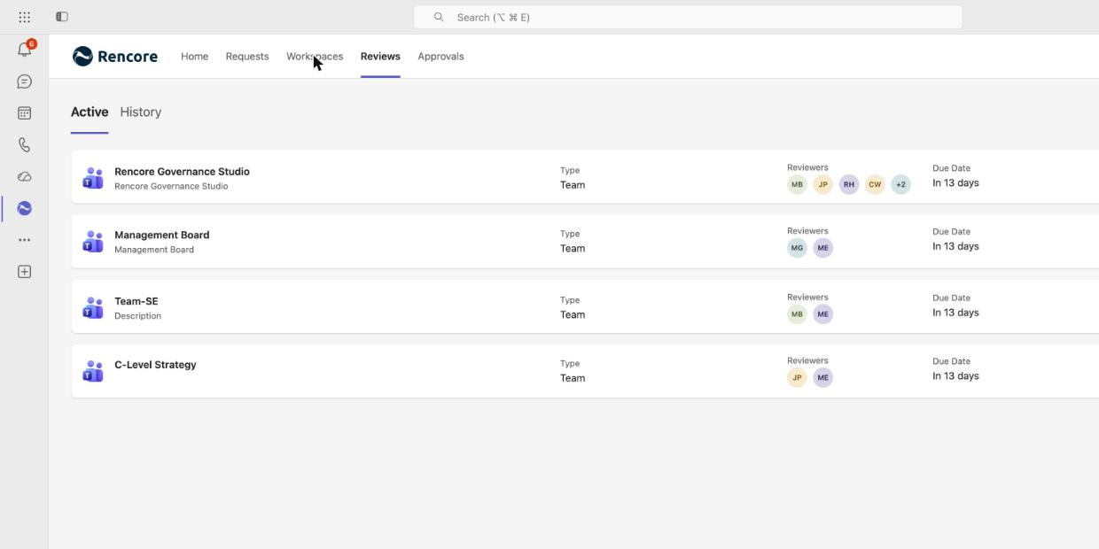 The Reviews tab in the Rencore Teams App, listing four active team reviews with their type, assigned reviewers and due date.